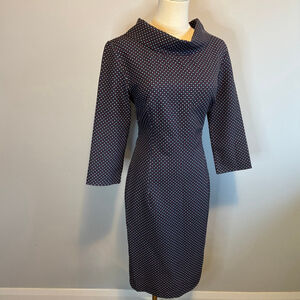 La Nika Women's Cowl Neck 3/4 Sleeve Navy Blue Sheath Midi Dress, Vintage, SZ 40